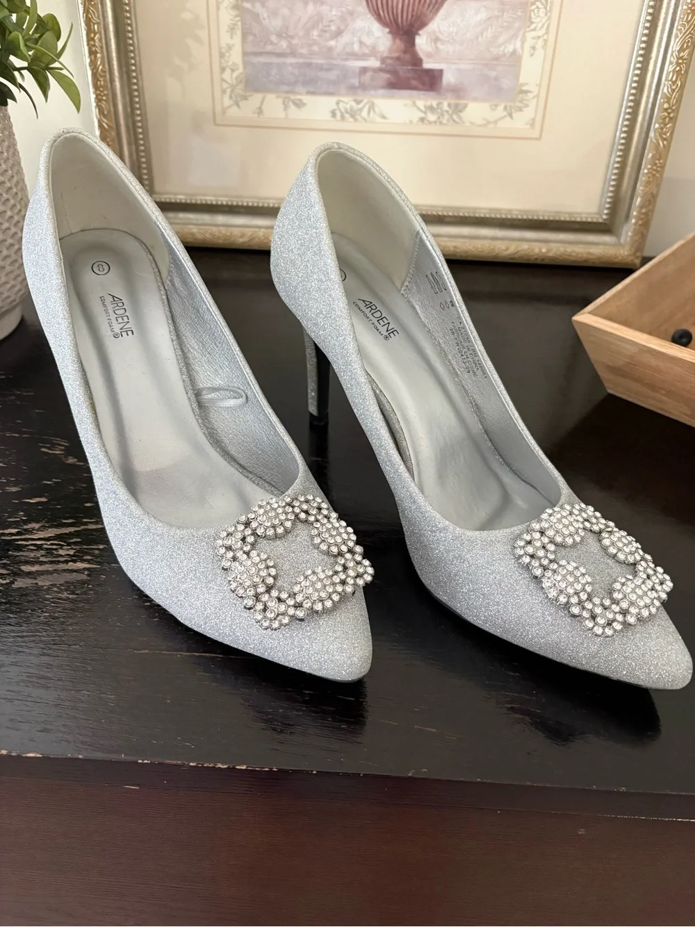 Ardene Silver Glitter Pointed Toe Pumps with Crystal Buckle